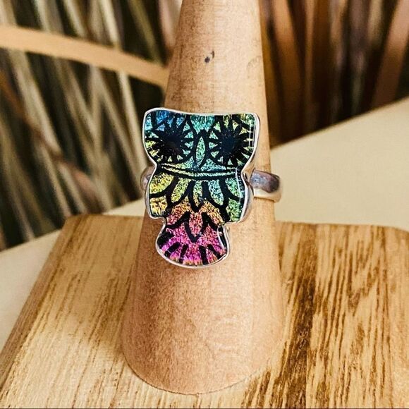 Owl Dichroic Glass Solid Sterling Silver Ring Size 7 - Picture 2 of 6